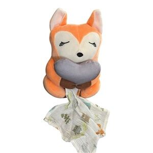 Cuddly Orange Fox Plush/Puppet Animal Blanket Gray heart Summer Infant 7.5” gift